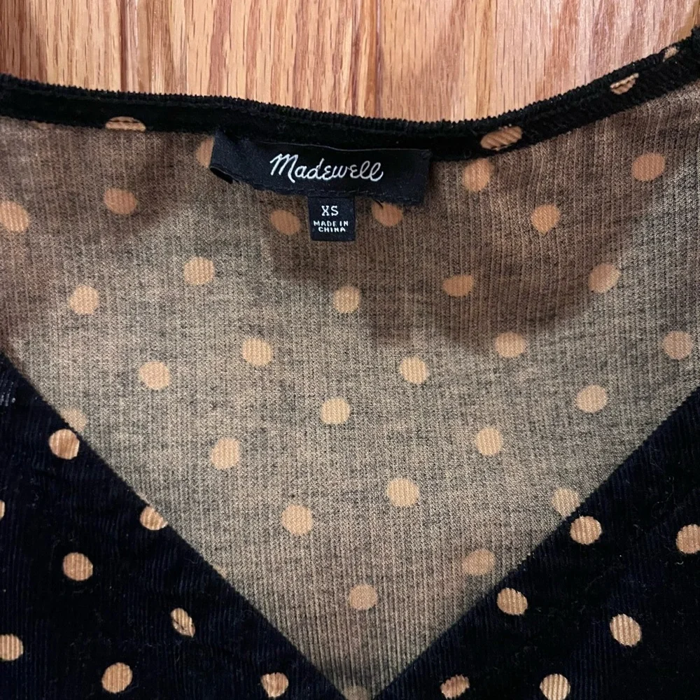 Madewell Corduroy Puff-Sleeve Button Wrap Top Black in‎ Tan Oval Dot Size XS